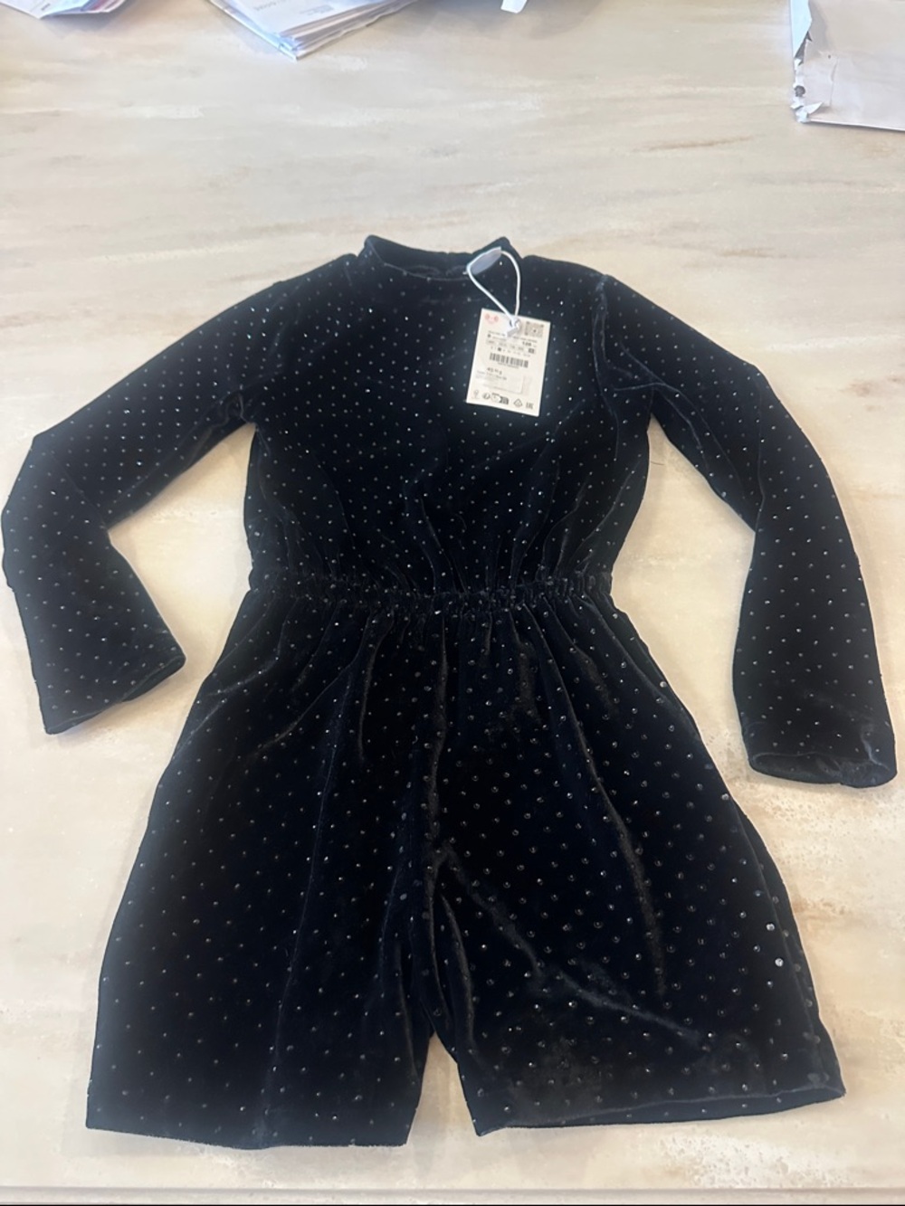 Zara Black Velvet Sparkle Long-Sleeve Romper